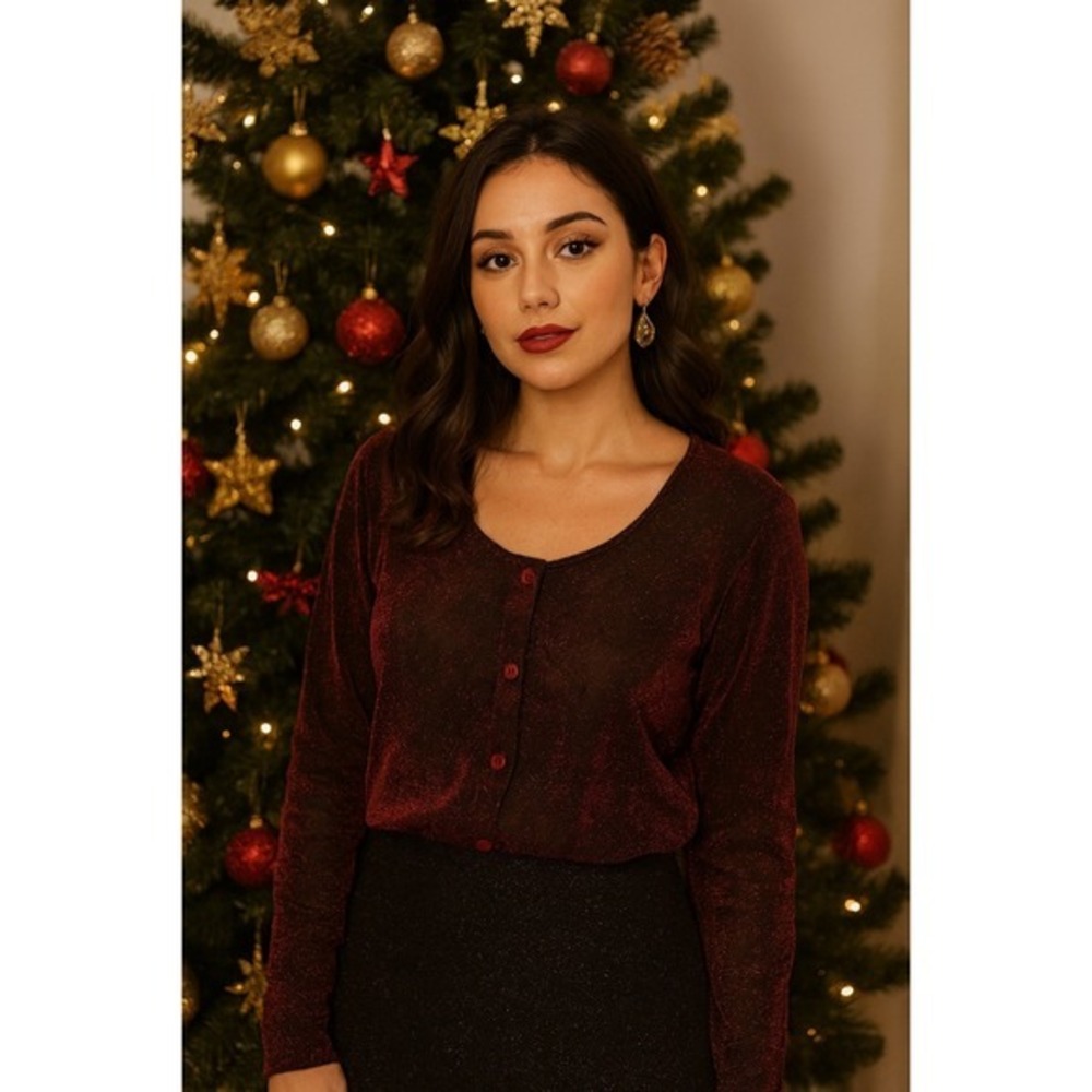 Vintage Burgundy Shimmer Blouse 1X Holiday Party Sheer Button Down Top